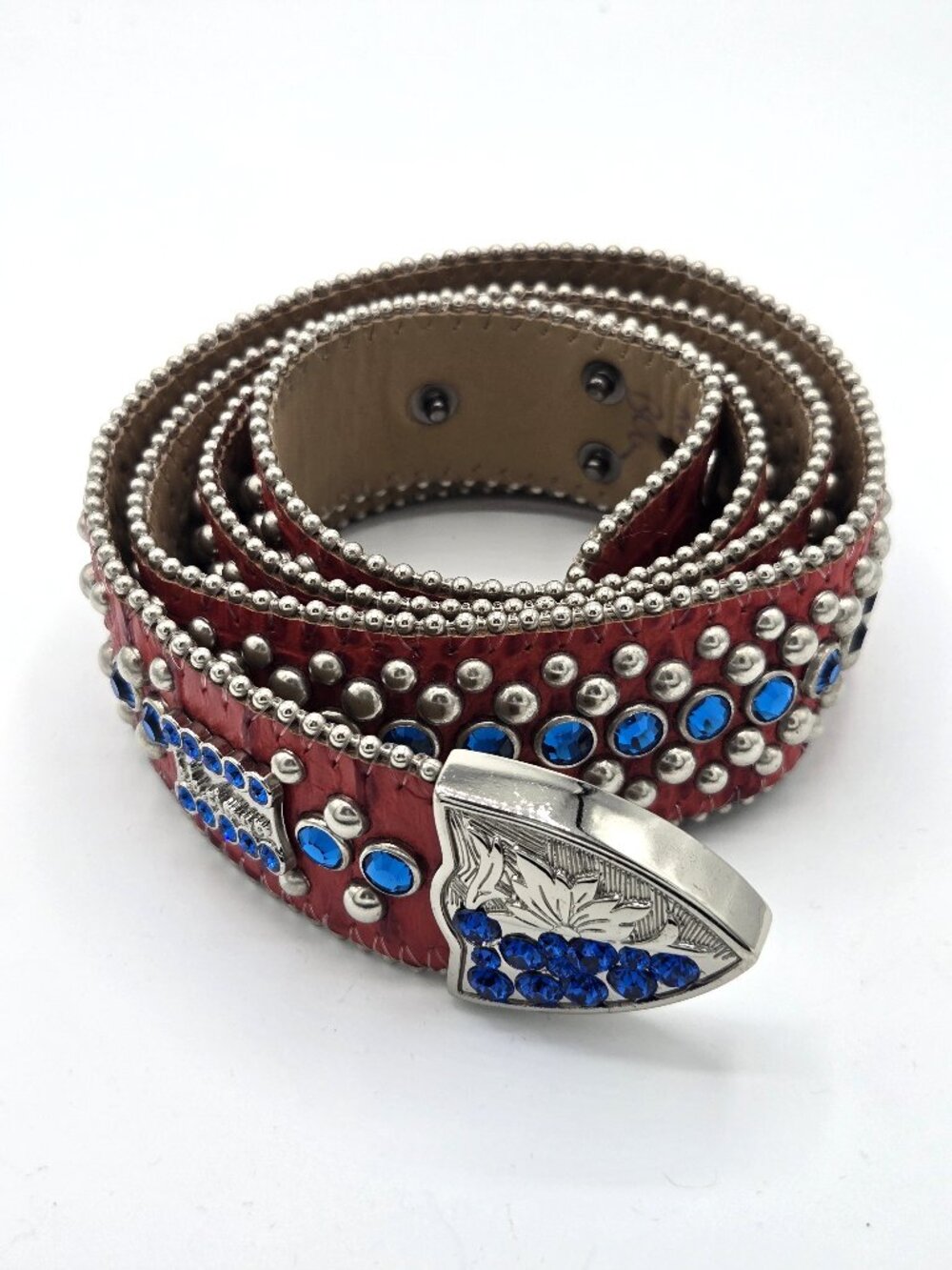 B.B. Simon Belt Size 40 Custom Blue Swarovski Crystal & Red Italian Leather